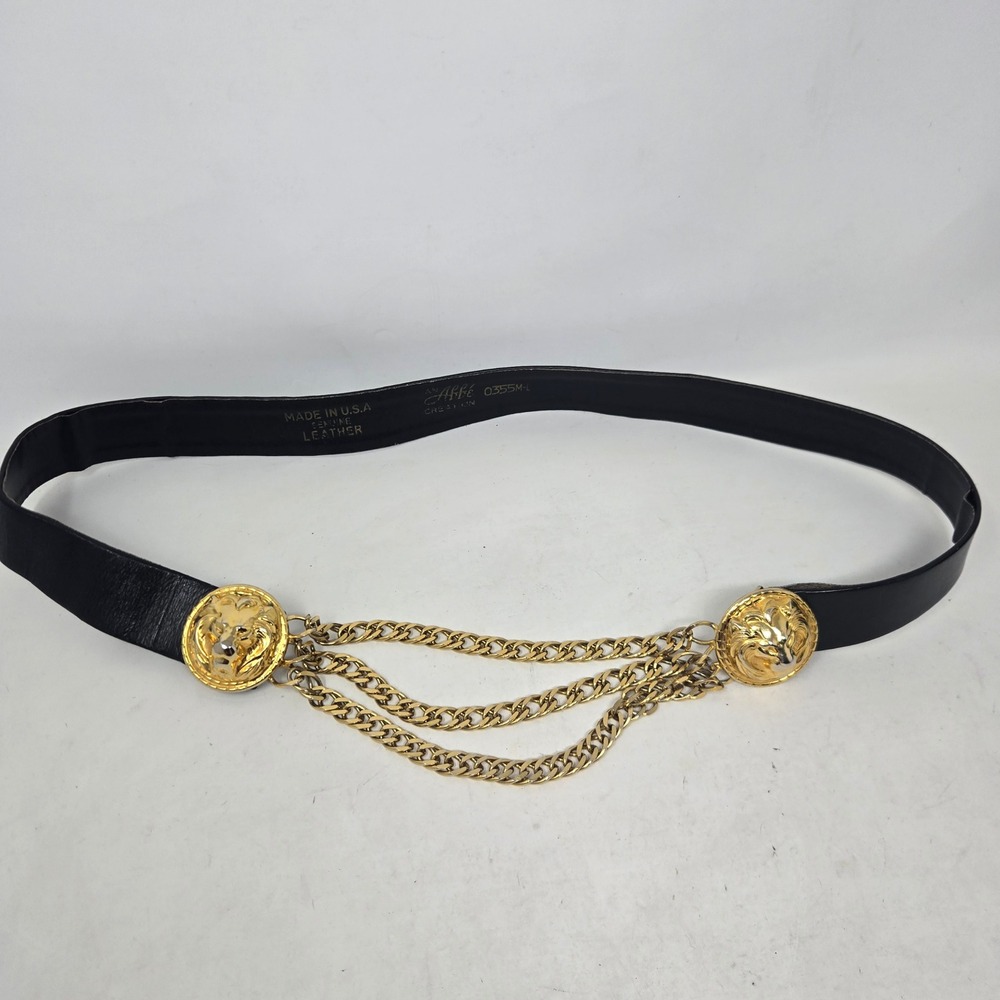 Vintage Abbe Creation Black Leather Lion Head Chain Belt USA Made 0355M-L